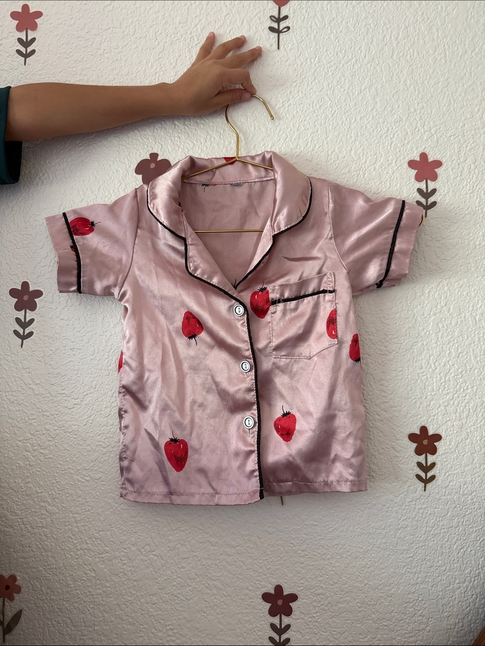 Pink Satin Strawberry Print Short Sleeve Pajama Top